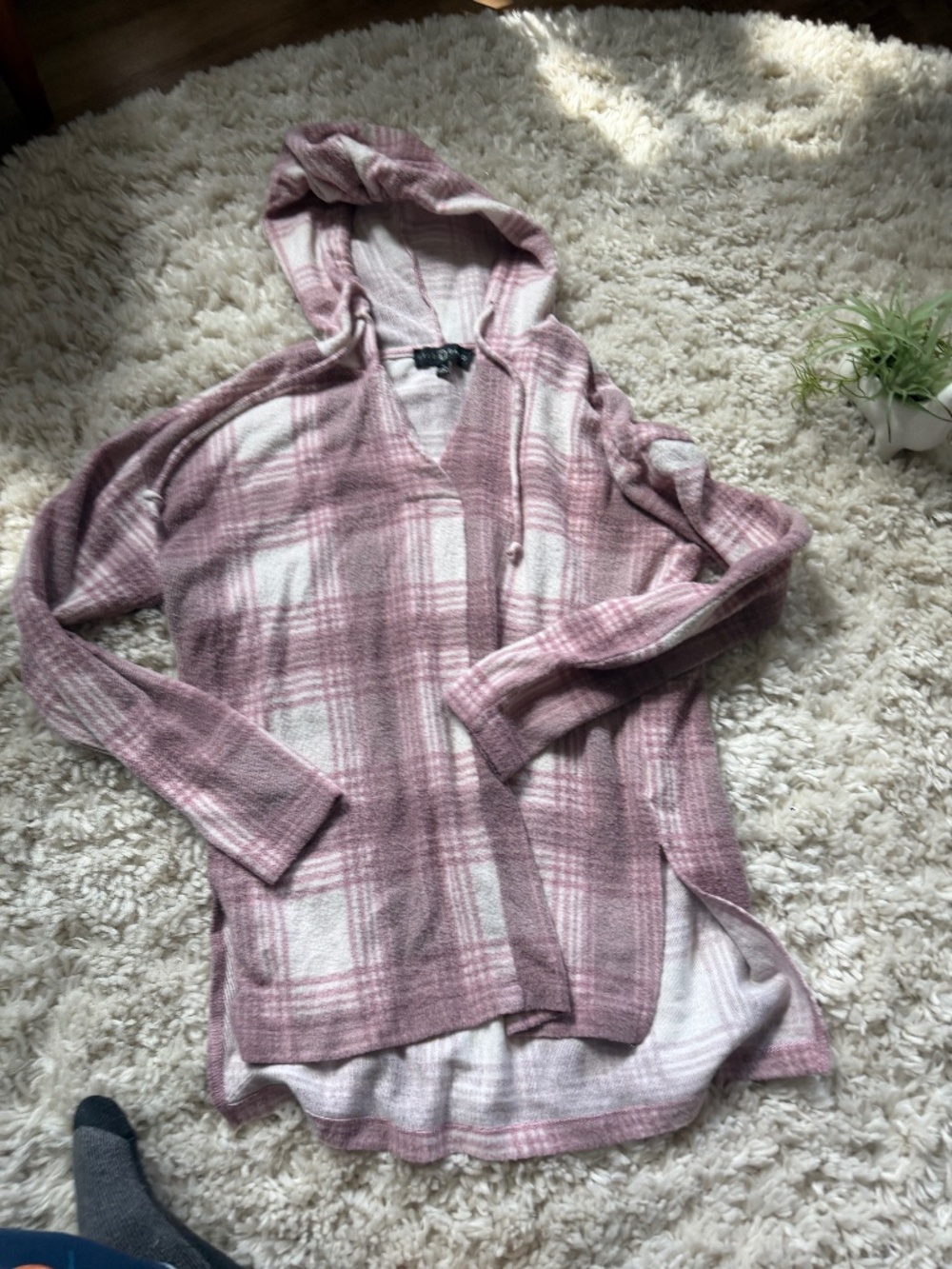 Lightweight Fred David Pink & Cream Plaid Hooded fall warm soft Cowl Sweater swe